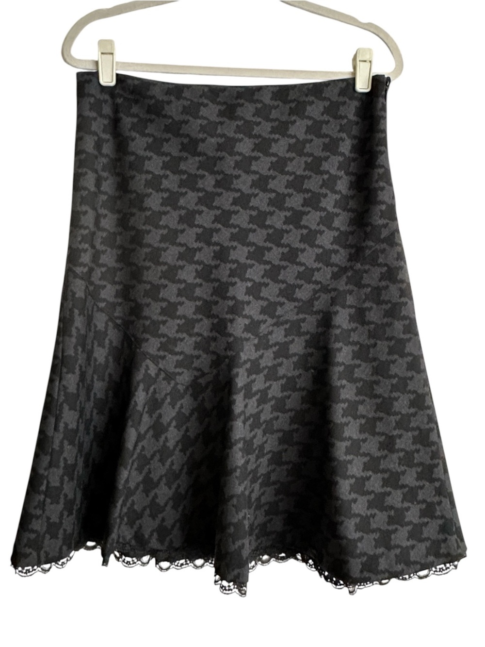 EXPRESS Y2K Wool Houndstooth Flounce Skirt Lace Trim Black Gray Size 10